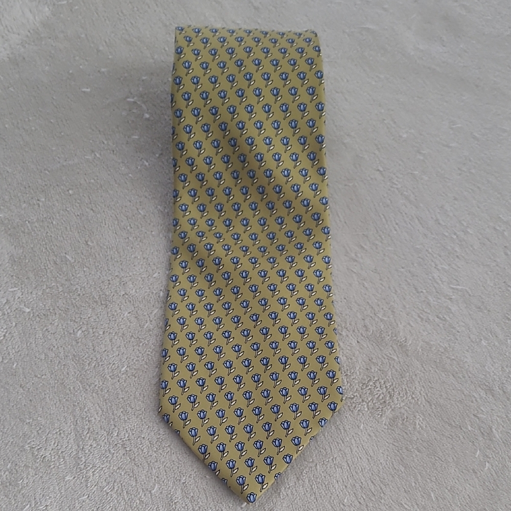 Brooks Brothers Silk Tie Yellow Blue Floral Tulip Preppy Classic Mens USA